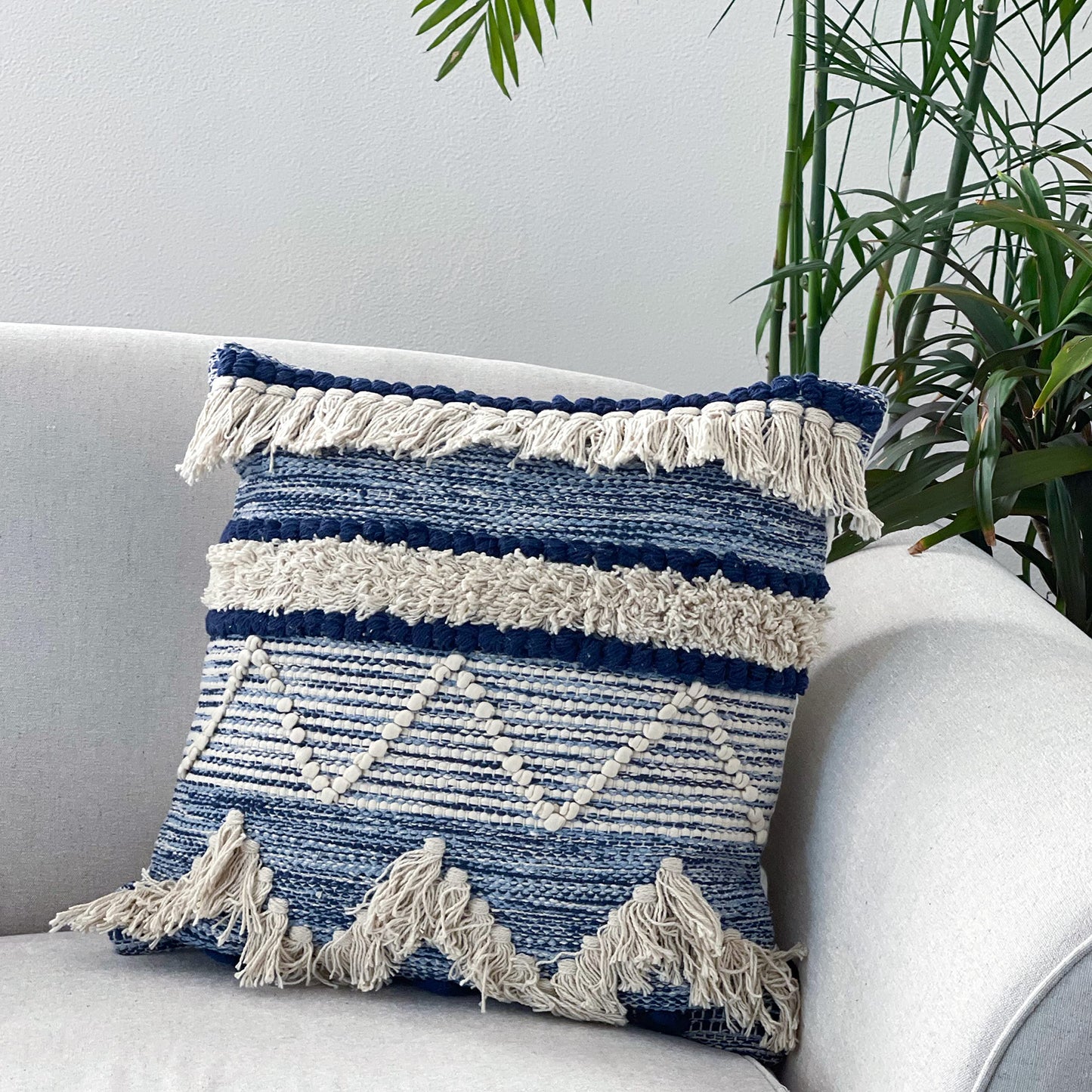 Chardin home Montego Farmhouse Decorative Throw Pillow Covers (Set of 2). Boho Soft Warm Cotton Woven Square Pillow Cover 18x18 for Couch Sofa Bedroom, Blue/Off-White