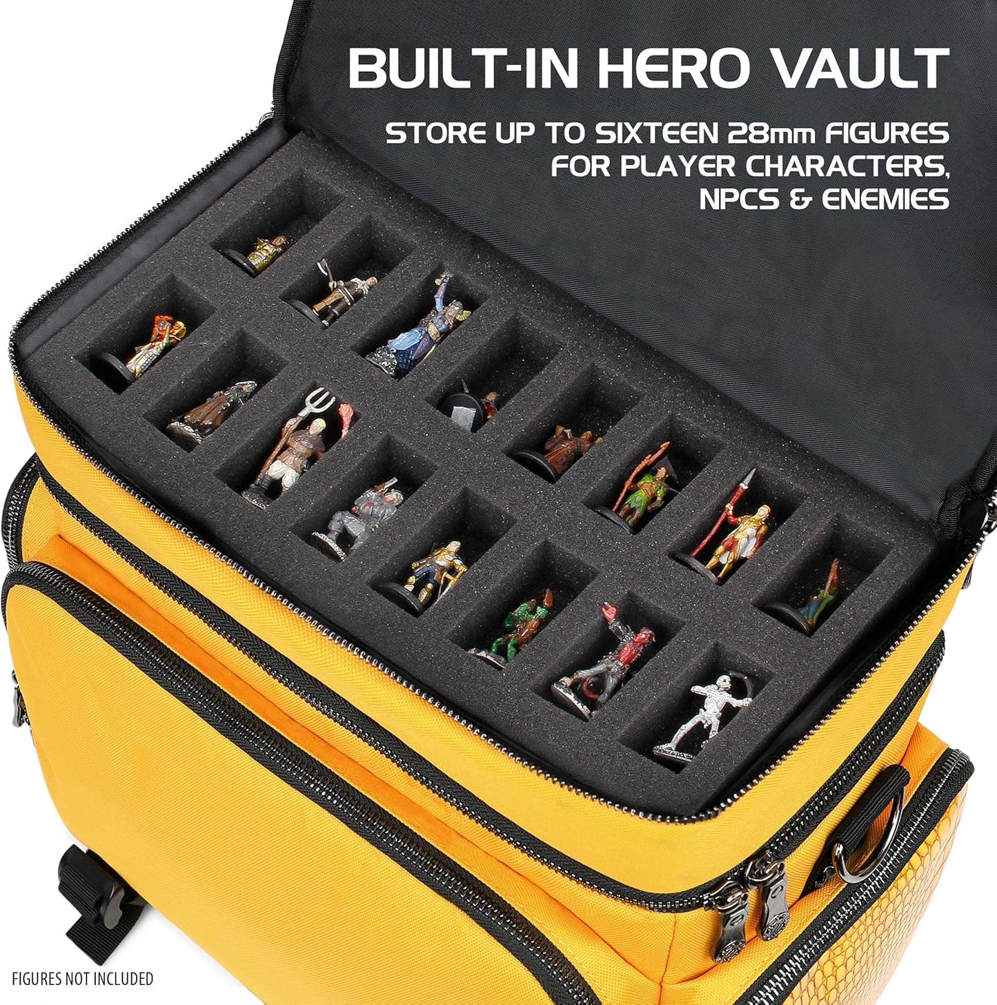 ENHANCE Collector's Edition RPG Adventurer's DnD Bag - Dragon Hide Exterior Travel RPG Bag with Tabletop Miniatures Storage Vault, Mat Holder, DnD Dice & Token Pockets, Fits 4-8 Books (Dragon Gold)