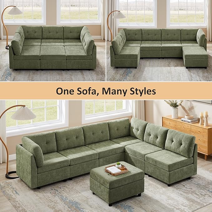 VANOMi 5 Seater Cloud Couches for Living Room with Ottoman, Convertible Modular Sectional Sofa Bed, Chenille Cloud Sofas & Couches for Apartment, Office, Green, Sofa Bed