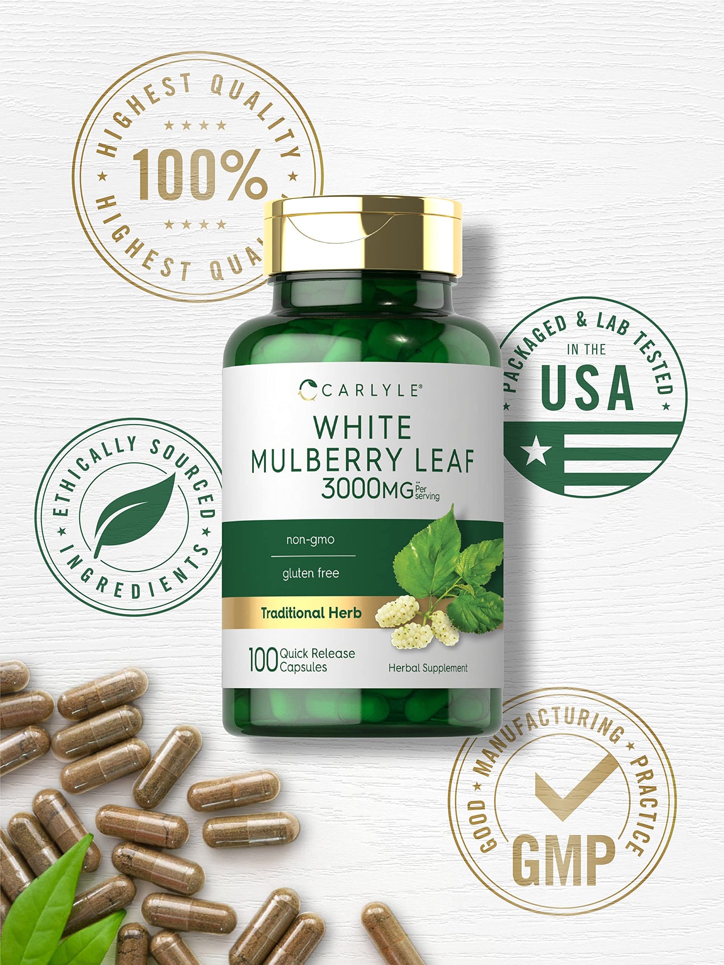 Carlyle Mulberry Leaf Extract | 3000mg | 100 Capsules | Non-GMO and Gluten Free Herbal Supplement