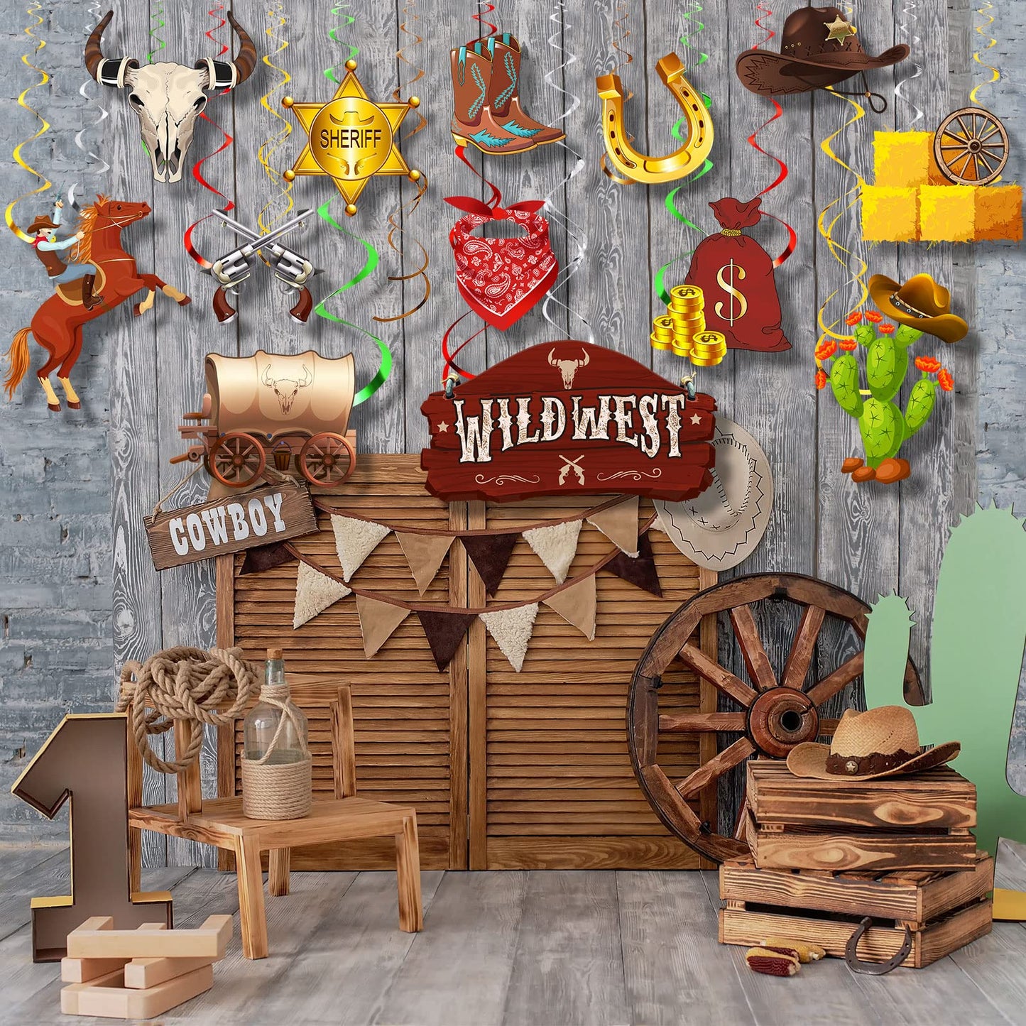 Funrous 55 Pcs West Cowboy Themed Party Decoration Wild Western Theme Hanging Swirl Supplies Western Cowgirl Hanging Decorations for Kids Birthday Wild Cowboy Party Favors(Cowboy)