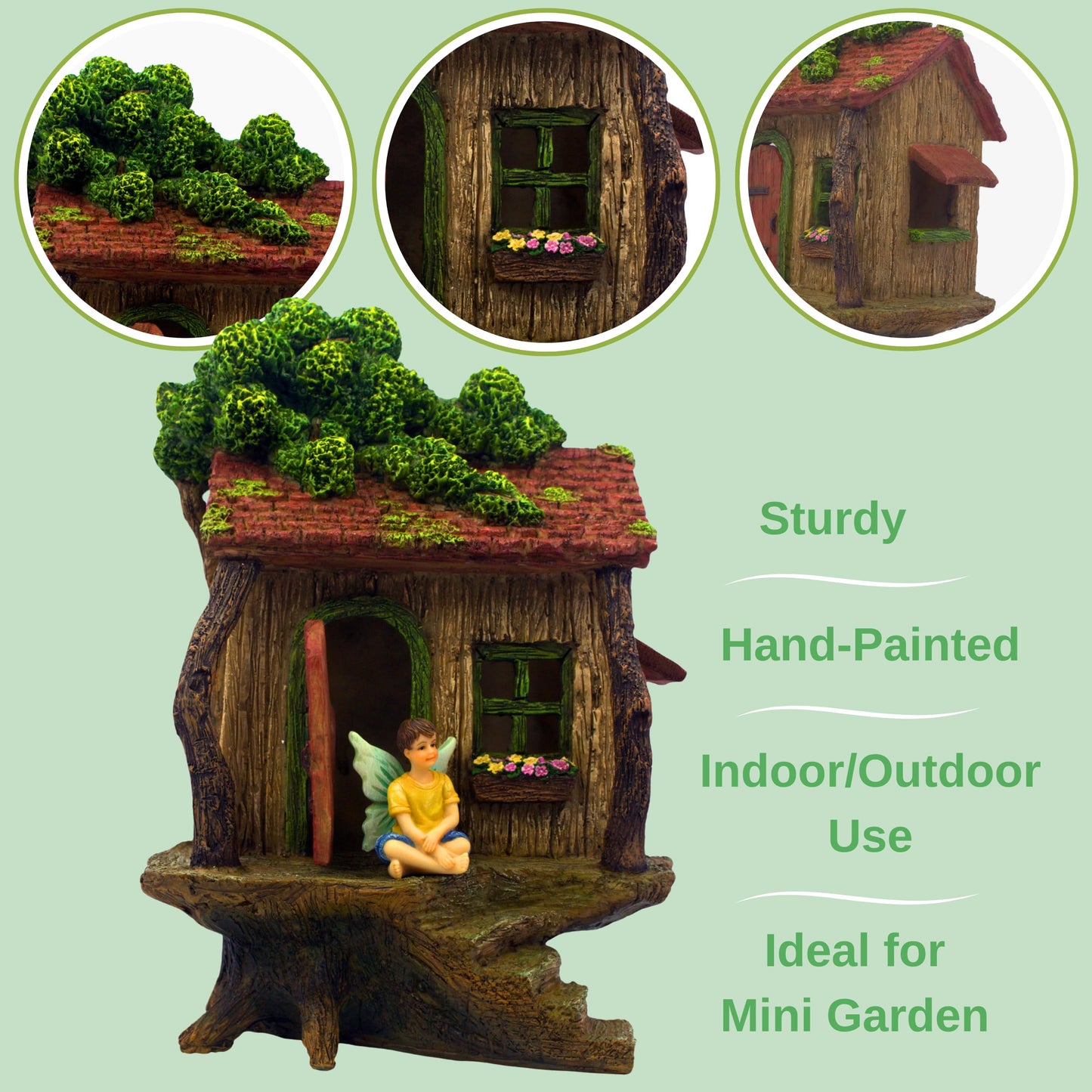 PRETMANNS Fairy Garden House Kit – Complete with Accessories, House 9” High with Door That Opens & Fairies for Outdoor Gardens – 4 Pieces