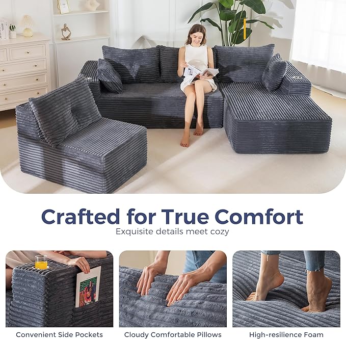 MAXYOYO 132" Oversize Modular Sectional Couch with L-Shape Chaise, Modern Boneless Couch for Living Room, Sofa in A Box, Oversized Sofa Sleeper with Deep Seat, No Assembly Required, Dark Grey
