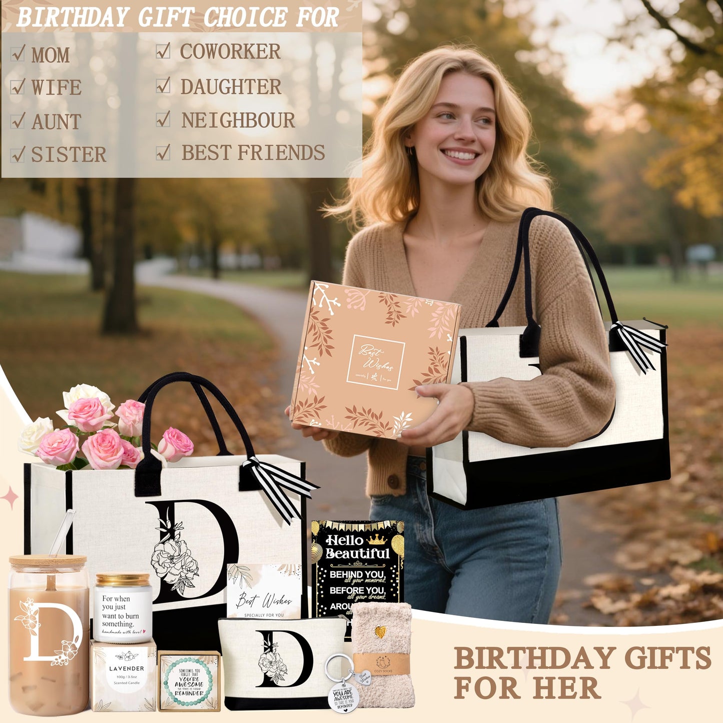 Birthday Gifts for Women, Monogrammed Initial Gift for Teacher Wife Mom, Tote Bag,Glass Cup Gift Basket Personalized Christmas Mother's Teacher Appreciation Day,D
