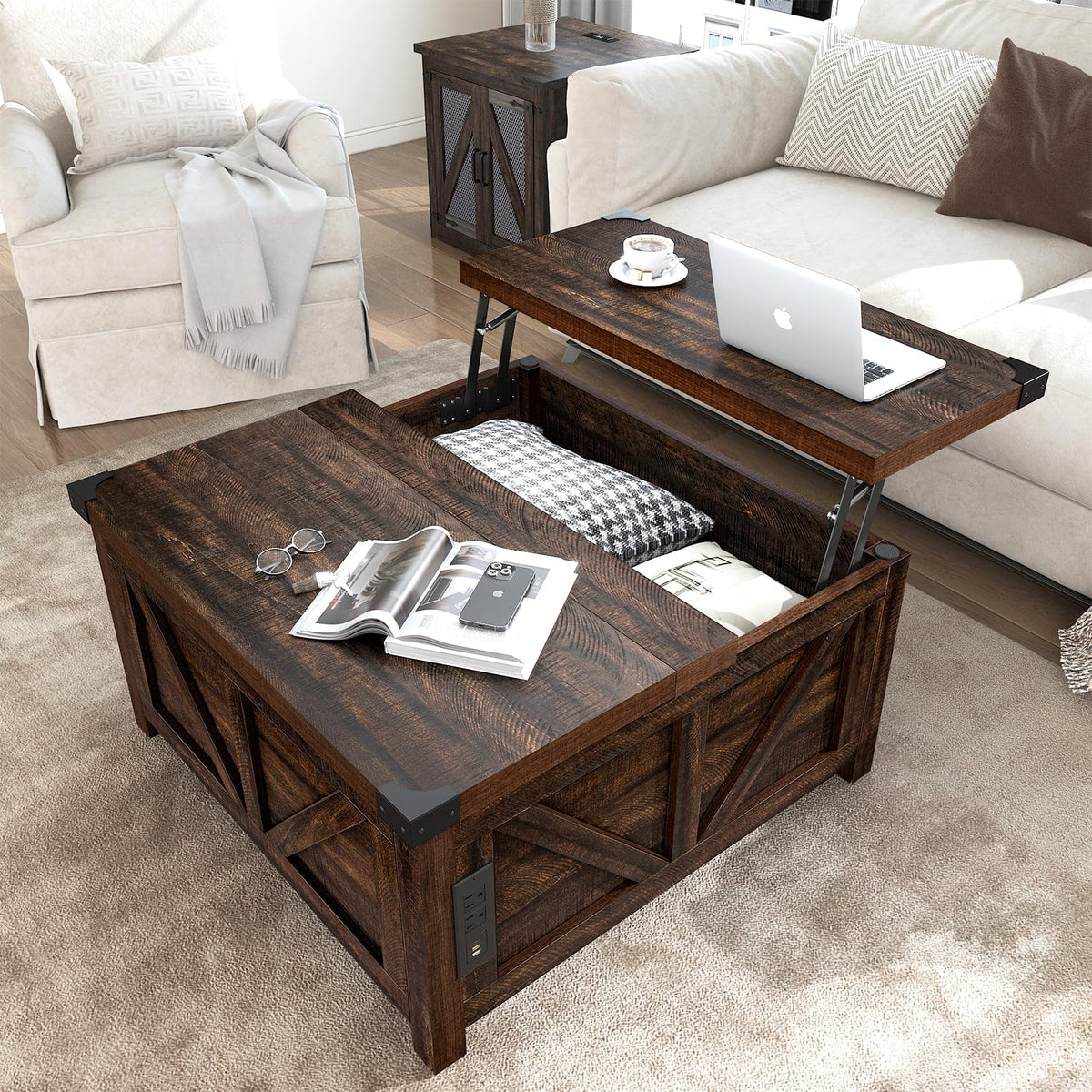 jimeimen Farmhouse Lift Top Coffee Table with Storage, Wood Square Center Table with Charging Station&USB Port, Living Room Table w/Large Hidden Space, for Living Room, Bedroom, Home Office, Brown