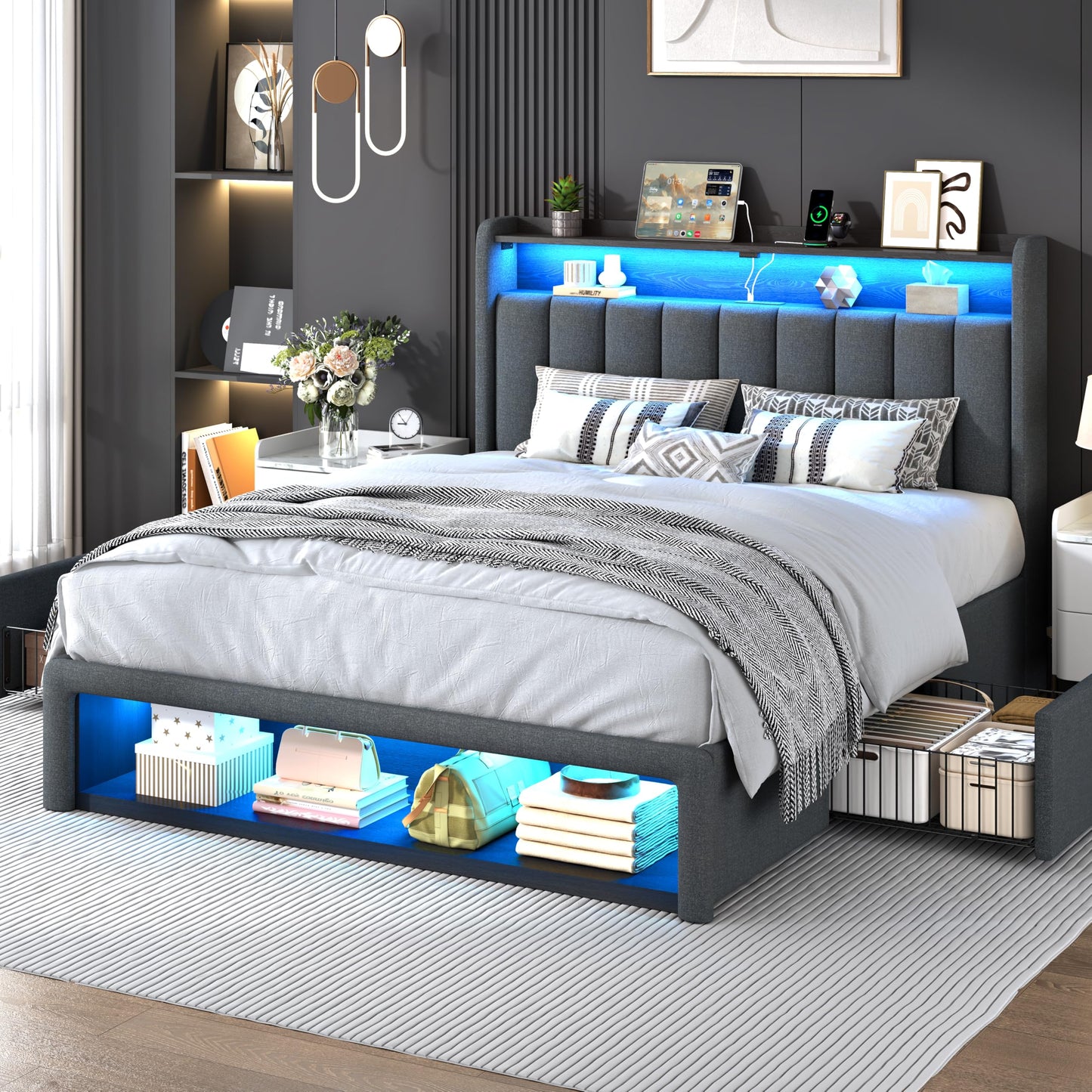 ChicZhiNest Queen Bed Frame with Storage Headboard & Charging Station, LED Light, 2 Storage Drawers & Cabinet, Upholstered Platform Bed with Sturdy Wooden Slats, Noise-Free, No Box Spring, Dark Grey