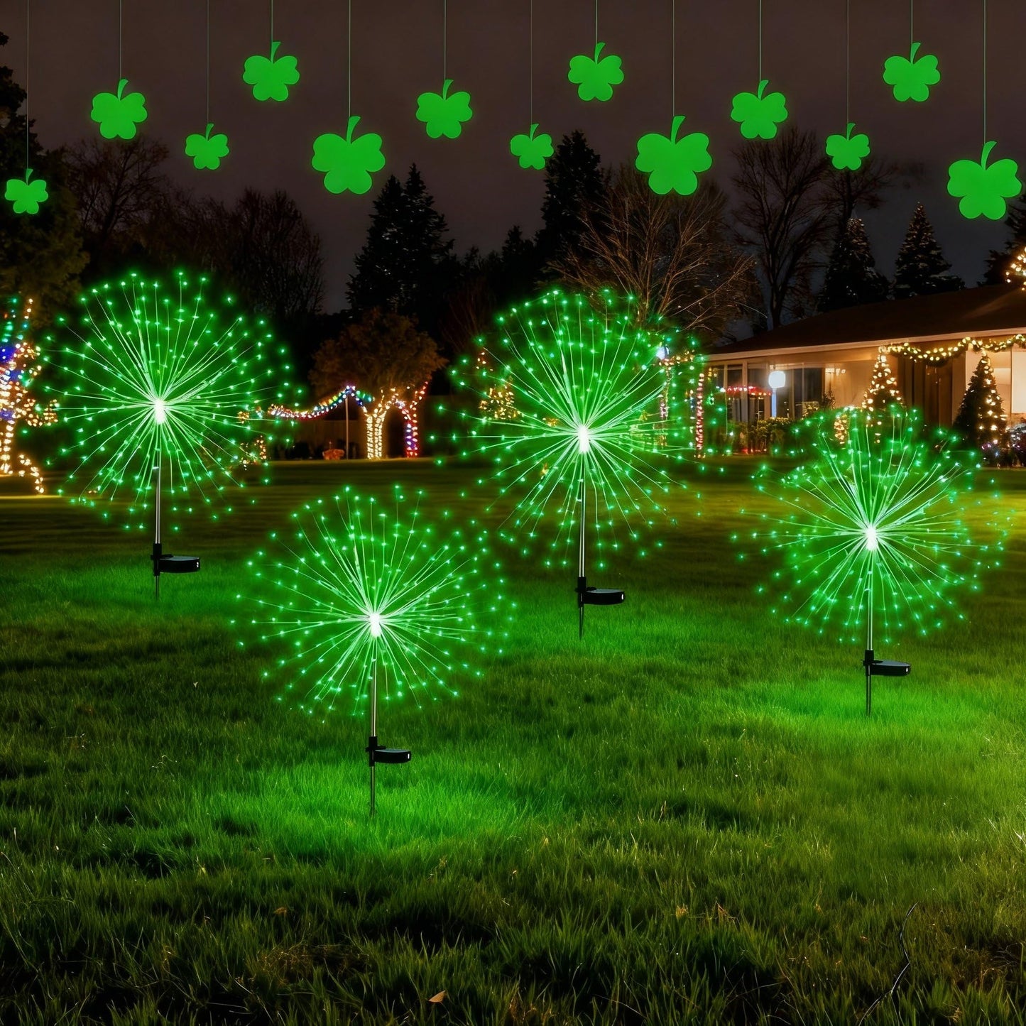 Tujoe 4 Pcs St Patricks Day Solar Lights Solar Firework Lights Decoration 180 LED 8 Modes Waterproof LED Stake Sparkler Decor for Irish Walkway Pathway Driveway Garden Patio Yard Lawn(Green)