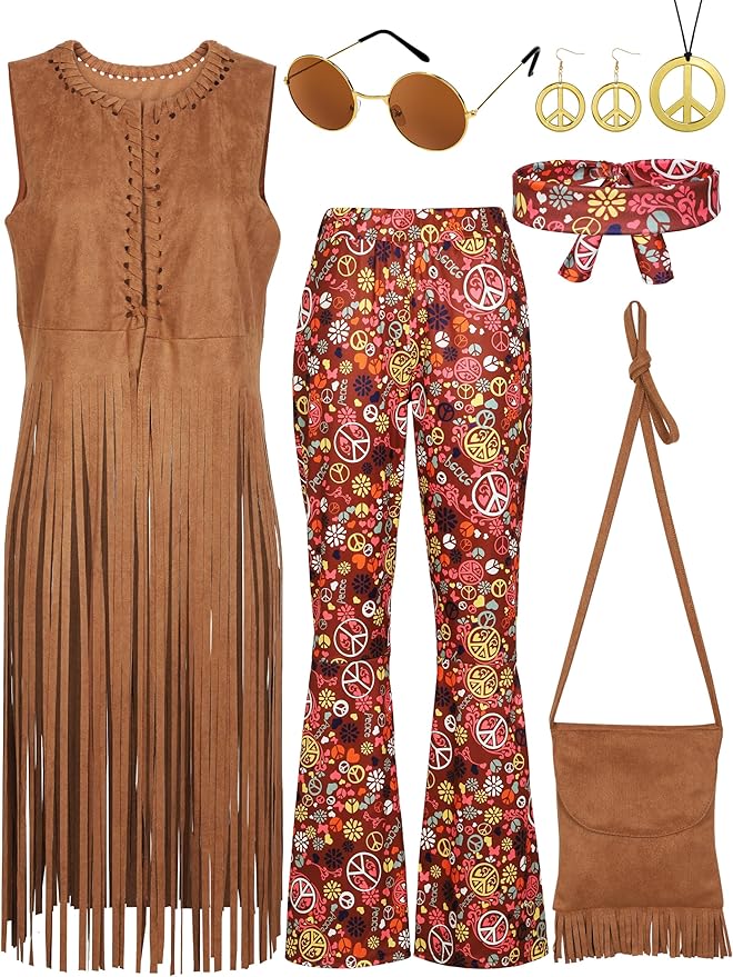 SOMSOC 7 Pieces 70s Women Hippie Costume Fringe Vest Bag Pant Headband for Halloween