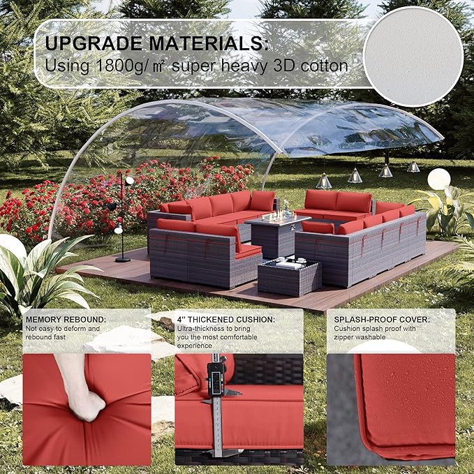 Kullavik 15 Pieces Outdoor Patio Furniture Set with 43" Gas Propane Fire Pit Table PE Wicker Rattan Sectional Sofa Patio Conversation Sets,Red Cushions