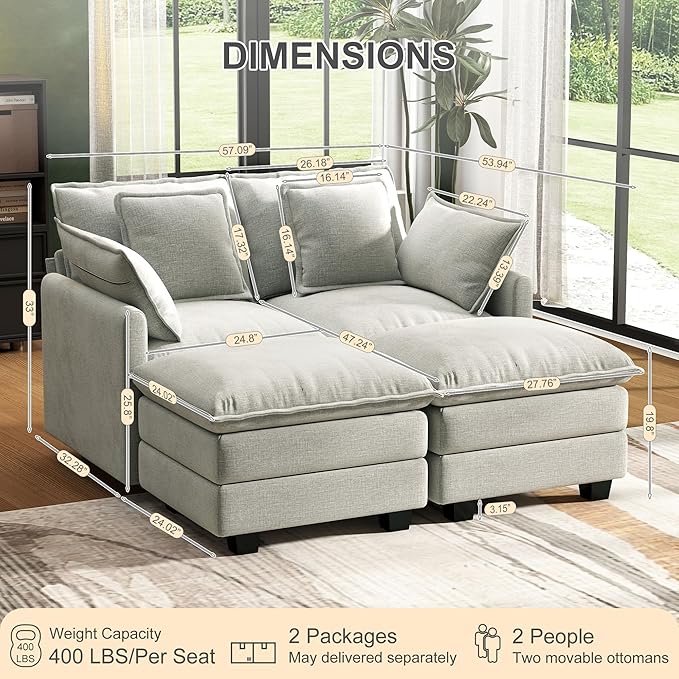 58" Cloud Couch Loveseat, Deep Seat Modular Sectional Sofa with 4 Removable Washable Pillows and 2 Ottoman for Living Room, Bedroom, Apartment, Light Grey