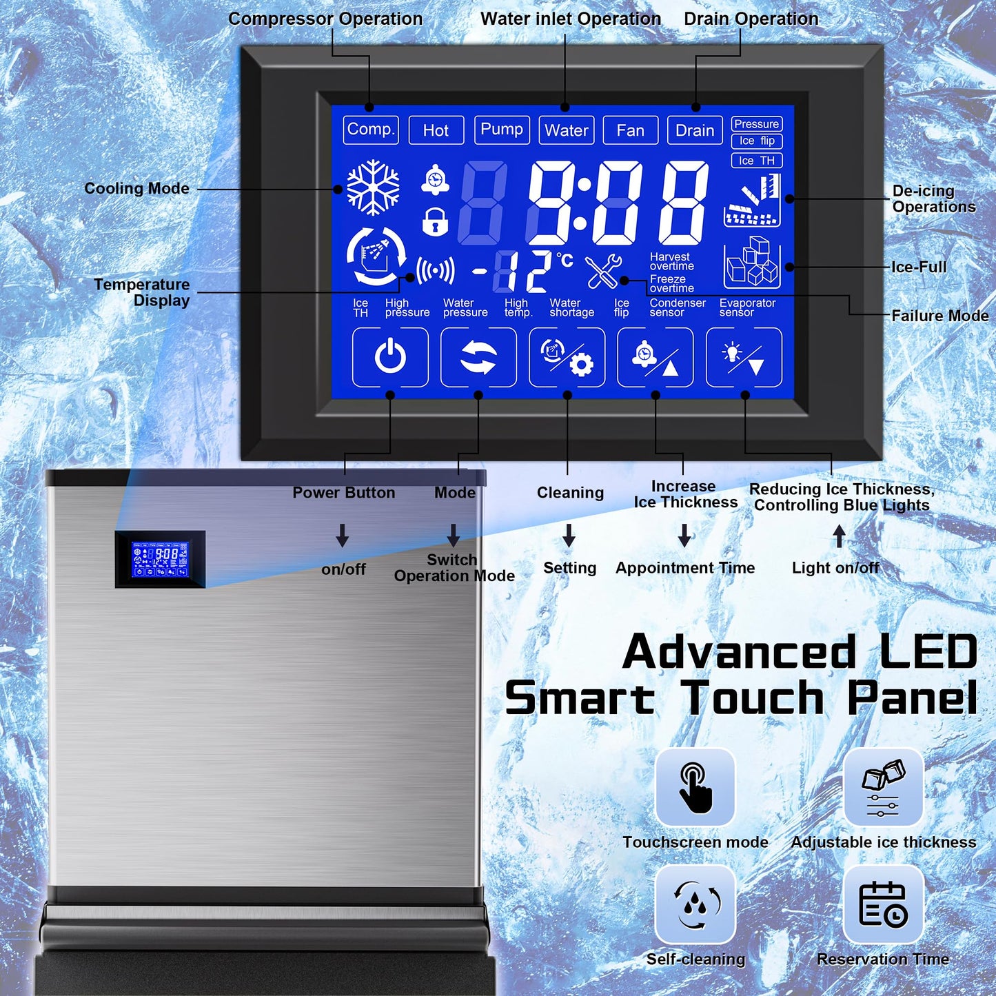 Commercial Ice Maker Machine 500Lbs/24H with 350Lbs Large Ice Storage Bin,Stainless Steel Industrial Ice Machine 156 Ice Cubes/Cycle with Touch Screen,Self-Cleaning for Restaurants Bars Cafes