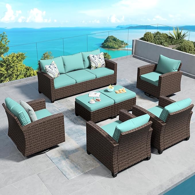 SUNSHINE VALLEY Swivel Glider Patio Furniture Set Outdoor Furniture Brown Wicker Rattan Patio Conversation Sets with Cushion Outside Sofa Set,7 Pieces 9 Seats,Blue