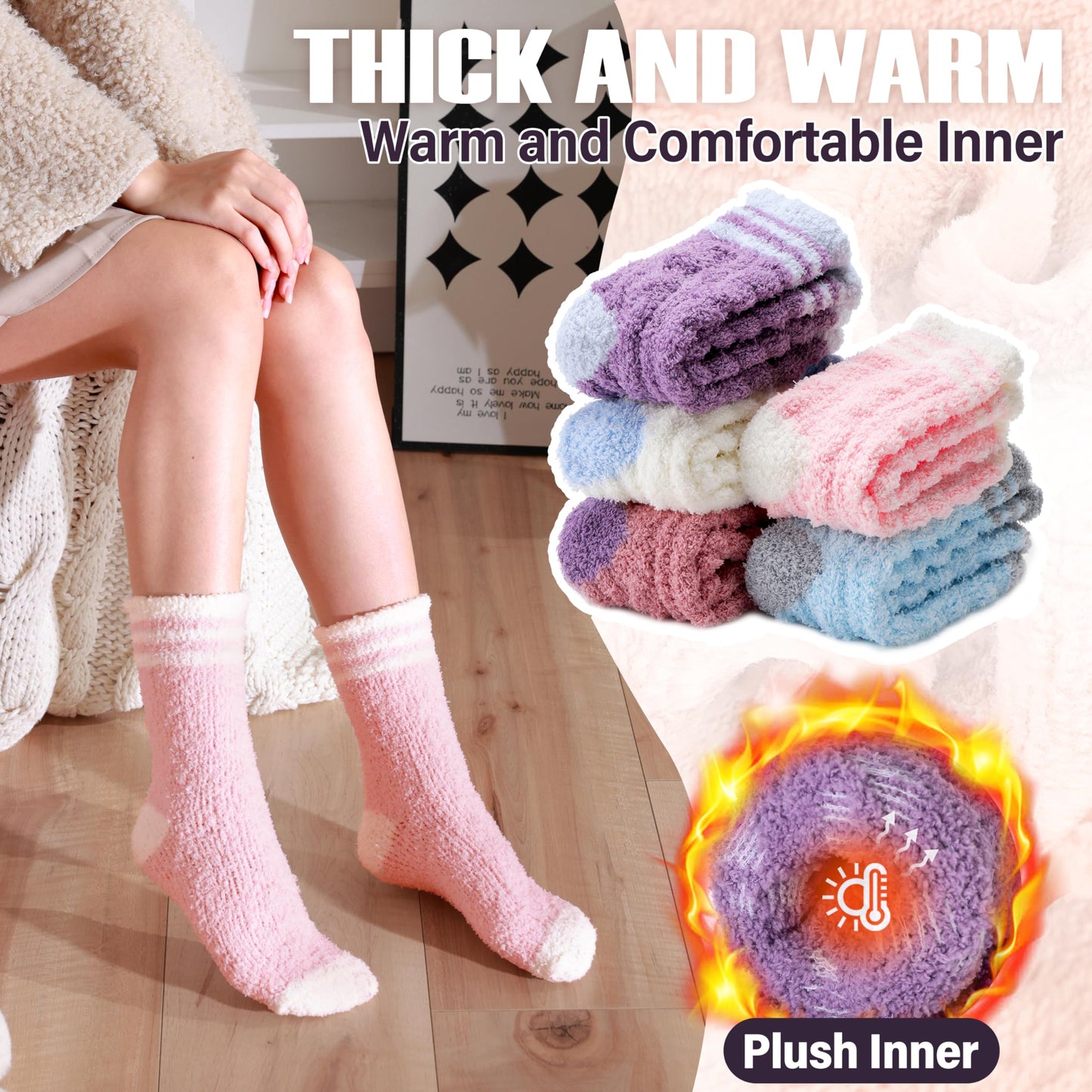 ANTSANG Fuzzy Socks for Women, Fluffy Warm Soft Slipper Socks for Winter & Home, Ideal for Teen Girls(Assorted Stripes)