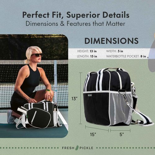 Fresh Pickle Lola Pickleball Tote Bag for Women, Designer Pickleball Bag with Paddle Storage, Zip Pockets & Shoulder Strap, Chic & Durable Pickle Ball Bags, Water-Resistant Canvas, Black/Ivory