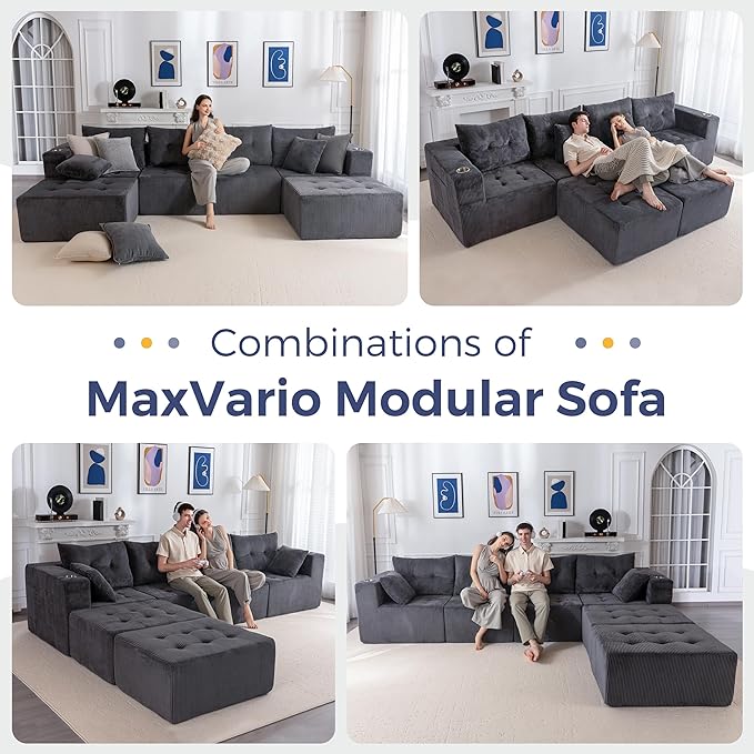 MAXYOYO 129.5" Modular Sectional Sofa Couch, U Shaped Modern Cloud Couch with 2 Ottomans, Sofa in A Box, Tufted 6-Seat Boneless Sleeper Chair for Living Room, No Assembly Required, Grey