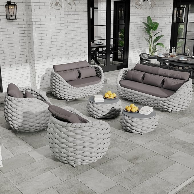 Erotr Patio Conversation Deck Furniture Sets: 6-Piece Aluminum Woven Rope Outdoor Sofa Set - Modern Cushions Couch Set - No Assembly Metal Porch Seating for Deck Yard Garden Lanai Pool Hotel Resort