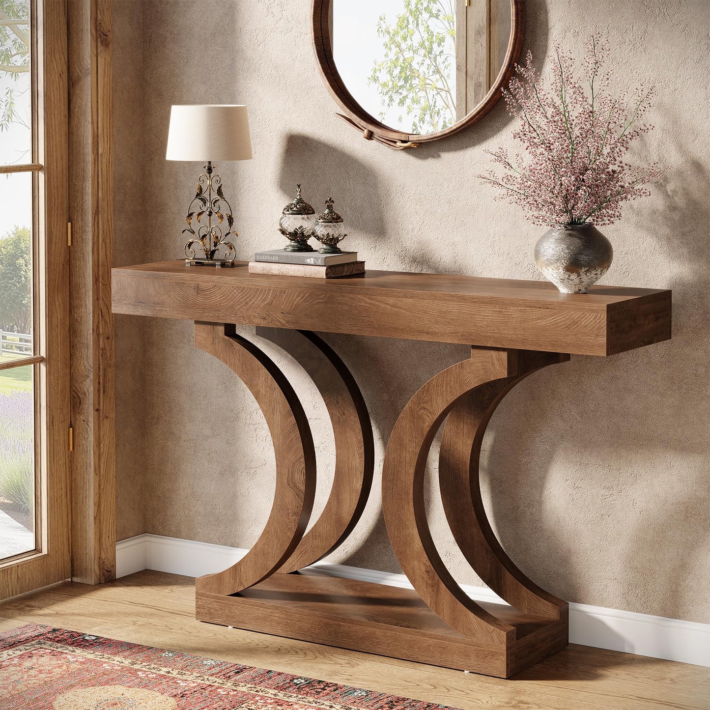 Tribesigns 43.31-Inch Farmhouse Console Table for Entryway, Unique Narrow Sofa Table Behind the Couch with Curved Legs for Living Room, Hallway, Foyer, Entrance, Rustic Brown