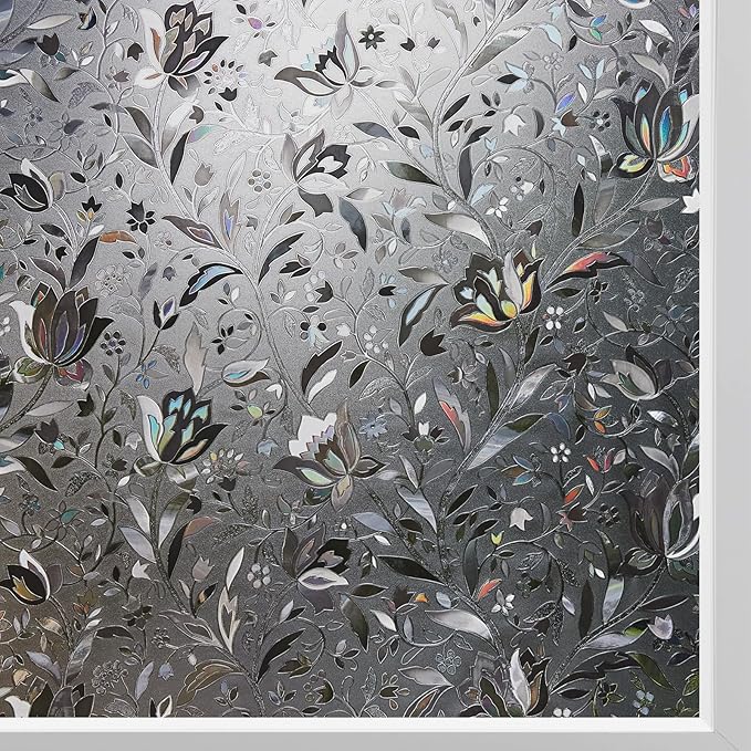 Kromapolis Window Film, Window Privacy Film Frosted, Vinyl Glass Covering, Stained Glass Decorative Film, Static Window Clings, Non-Adhesive (Grayish Black, 35.4 x 78.7 inch)