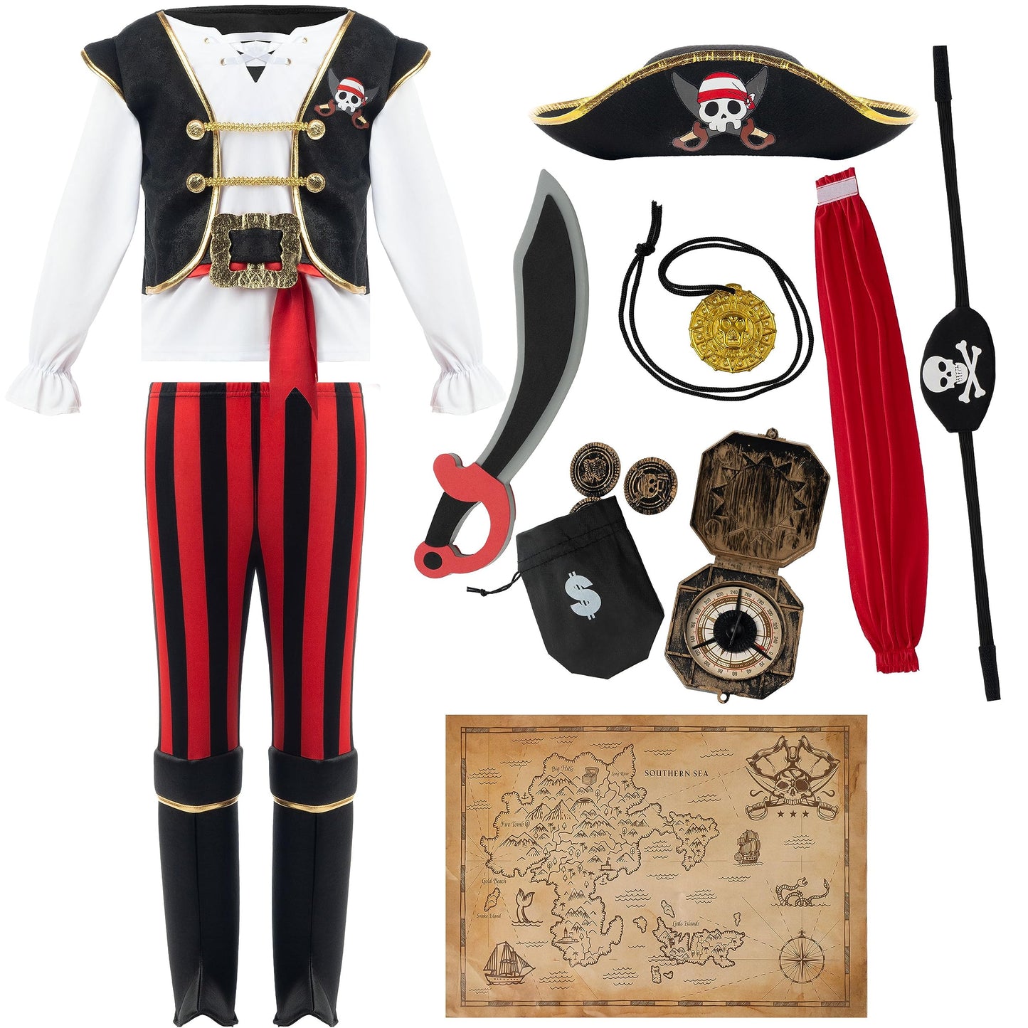 Spooktacular Creations Pirate Costume for Kids, Boys Classic Red Pirate Outfit Deluxe Set with Toy Accessories for Toddler Halloween Pretend Roleplay Themed Party (3T, 3-4 yrs)