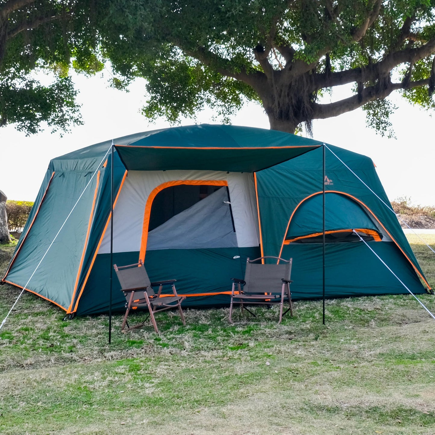 KTT Extra Large Tent 12 Person,Family Cabin Tents,Full Rainfly,2 Bay-Windows,2 Rooms and 3 Doors 3 Windows with Mesh,Waterproof,Straight Wall,Double Layer,Big Tent for Outdoor,Picnic,Camping(Green)