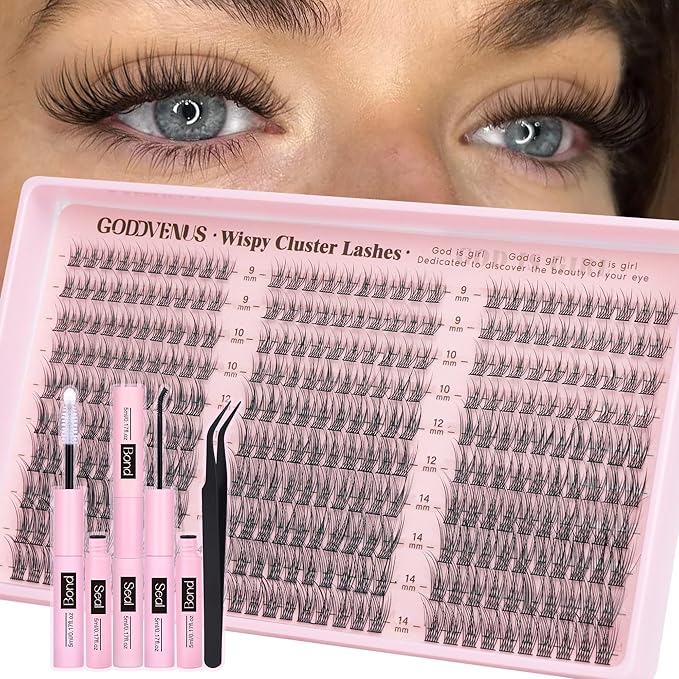 Lash Clusters Kit 9-14mm Wispy Eyelash Clusters Lashes Natural DIY Lash Extension Kit Short Cluster Eyelash Extensions Kit 300pcs C Curl Individual Lashes Cluster Eyelash (With Tweezers)