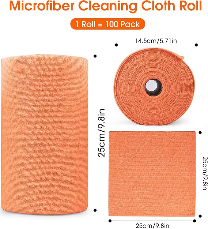 Microfiber Cleaning Cloth Roll–100 Pack, Tear Away Microfiber Towels, Reusable, Washable, Scratch-Free, Kitchen Towels for Car, Home, Kitchen, Glass, Dishes(Honey Orange)