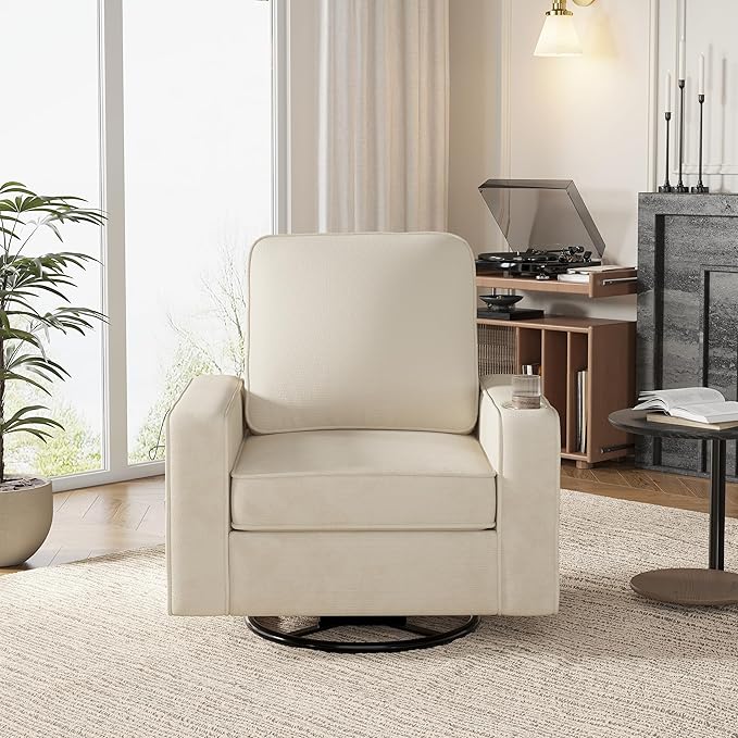 Swivel Square Accent Chair with Wide Armrests,360° Rotating Comfy Single Sofa Chairs with USB/Type-C,Cup Holder & Side Pocket,Modern Armchair for Living Room Bedroom Reading Lounge Nook,Beige White | Swivel Accent Chair, with USB/Type-C, Cup Holder, Si...