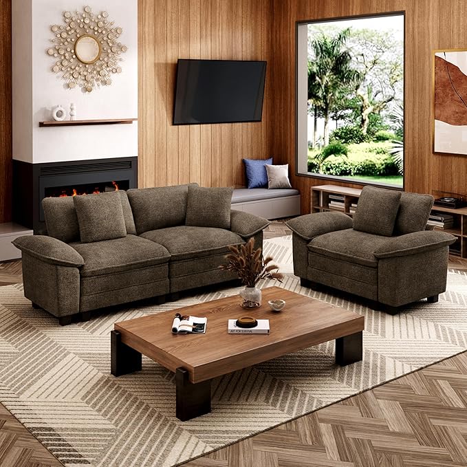 MIXPATIO L-Shaped Cloud Modular Sofa Set with Chaise, Deep Seat 3-Piece Sectional & Removable Arms, Plush Chenille for Living Room - Taupe