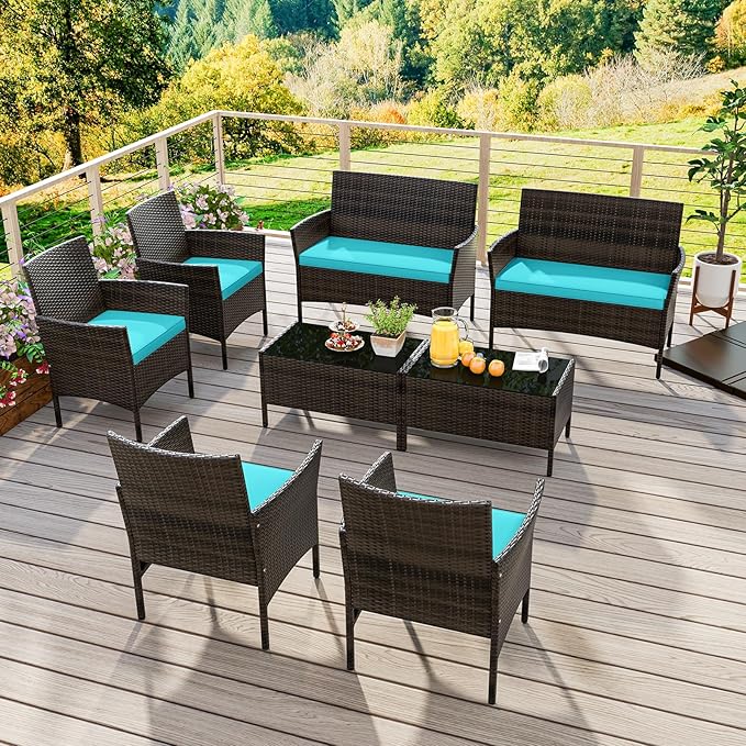 KOTEK 8 Piece Patio Furniture Set, Outdoor Rattan Conversation Set with Loveseat, Wicker Chairs, Tempered Glass Coffee Table, Wicker Patio Set for Backyard, Porch (Turquoise)