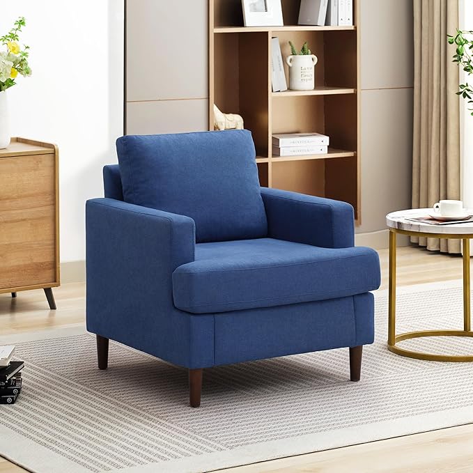 Weture Mid-Century Accent Chair,Modern Linen Fabric Armchair for Living Room,Comfy Upholstered Reading Accent Chairs for Bedroom,Single Sofa Chair with Wood Legs (Blue, 1 Pack)
