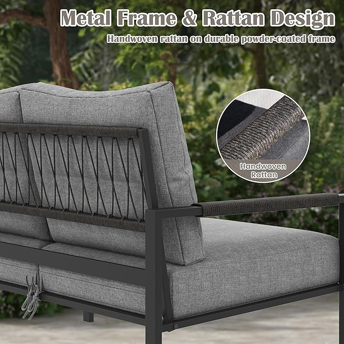 PATIOCHIC 6 Pieces Rattan Outdoor Furniture Set, All-Weather Patio Conversation Set with Dark Grey Cushions, Coffee Tables and 28" Fire Pit Table