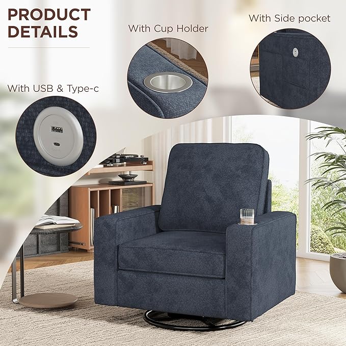 Swivel Square Accent Chair with Wide Armrests,360° Rotating Comfy Single Sofa Chairs with USB/Type-C,Cup Holder & Side Pocket,Modern Armchair for Living Room Bedroom Reading Lounge Nook,Blue | Swivel Accent Chair, with USB/Type-C, Cup Holder, Side Pocket