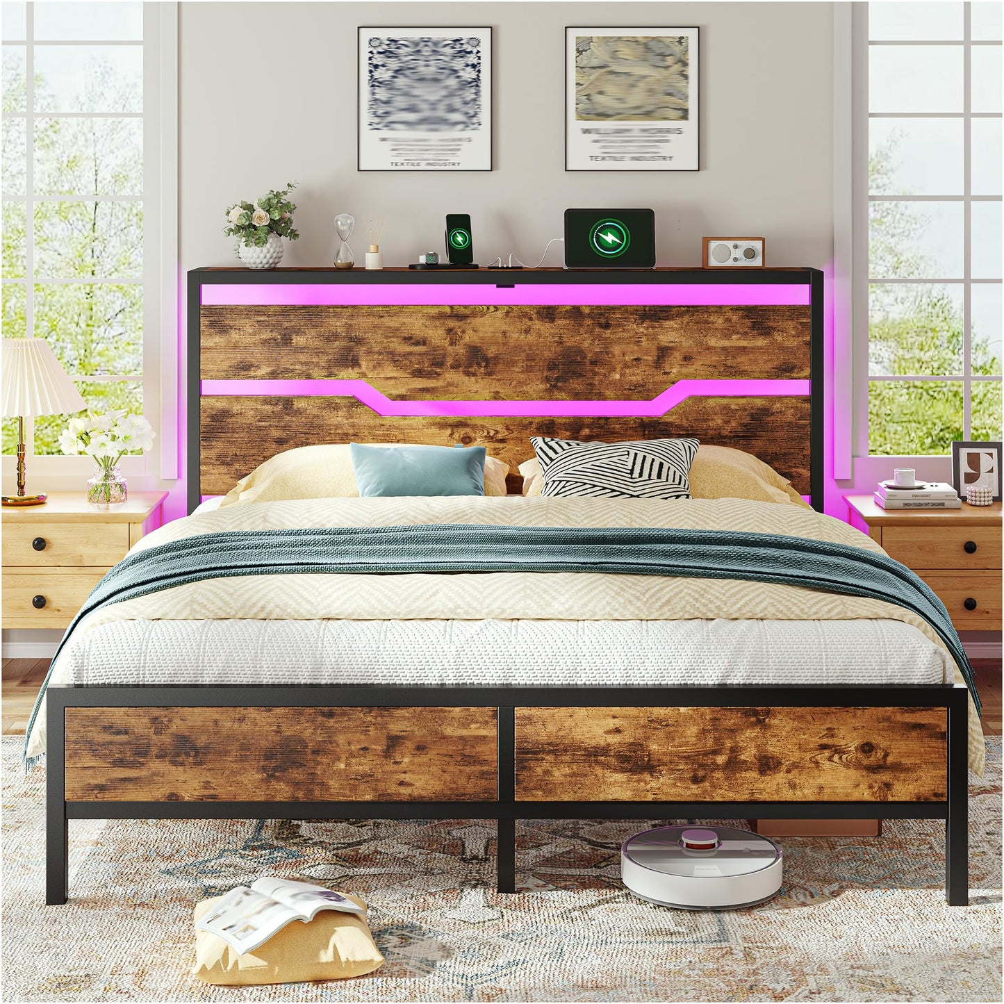 Homkdom Queen Bed Frame with Headboard,Queen Size Bed Frame with LED Lights & Charging Station & 13" Under Bed Storage, All-Metal Support System, No Box Spring Needed, Easy Assembly,Rustic Brown