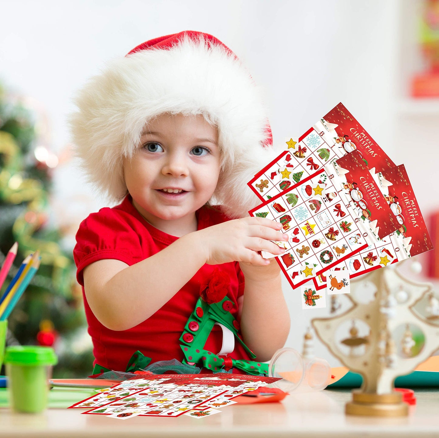 MISS FANTASY Christmas Bingo Game for Kids - 24 Players Bingo Cards Christmas Games Crafts Christmas Bingo Game for Large Group, Christmas Games for Family Classroom Activities Party Favors Supplies