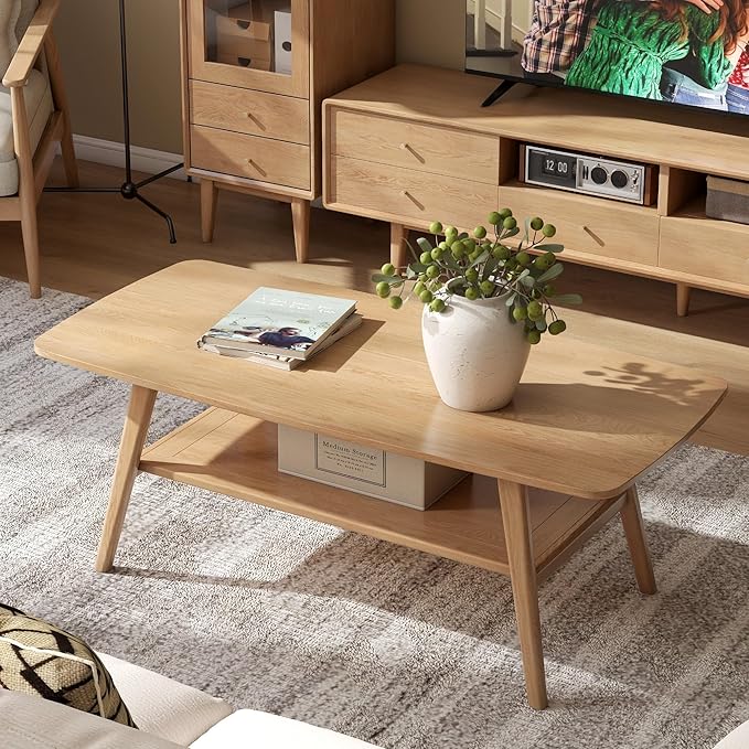 Wayshome 100% Solid Oak Wood Coffee Table for Living Room, 2-Tier Coffee Tables with Shelf Storage, Mid Century Modern Table with Rounded Corners (Natural Colour, 47.24" W x22.05 D x 17.32" H)