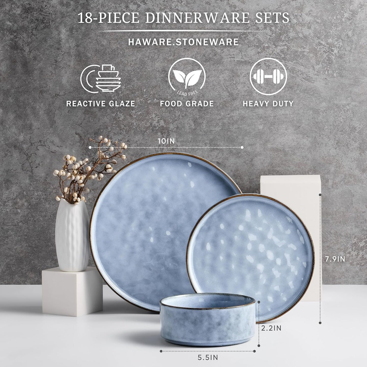 HaWare Dinnerware Sets, 18-Piece Plates and Bowls Set, Stoneware Dish Set for 6, Ceramic Dinnerware for Home Restaurant, Chip and Scratch Resistant, Microwave and Dishwasher Safe, Reactive Blue