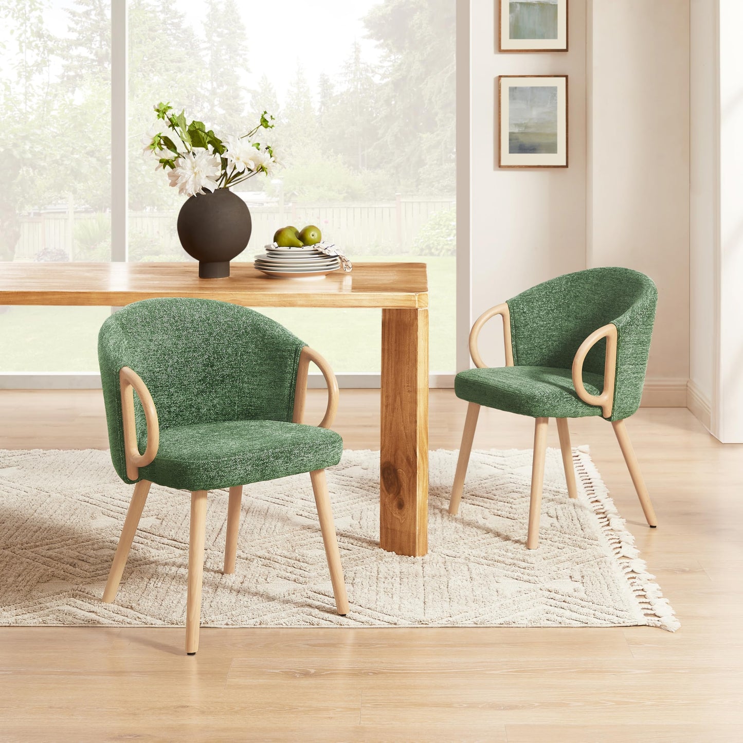 Art Leon Kitchen Chairs - Modern Fabric Dining Chairs, Upholstered Vanity Chairs Arm Chairs with Wood Legs for Living Room Bedroom, Set of 4, Green