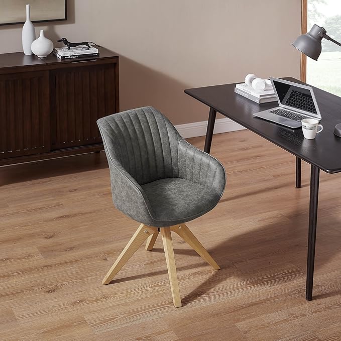 Art Leon Office Chair No Wheels, Mid Century Modern Desk Chair, Swivel Accent Chair with Oak Wood Legs, Faux Leather Upholstered Armchair for Desk, Gray