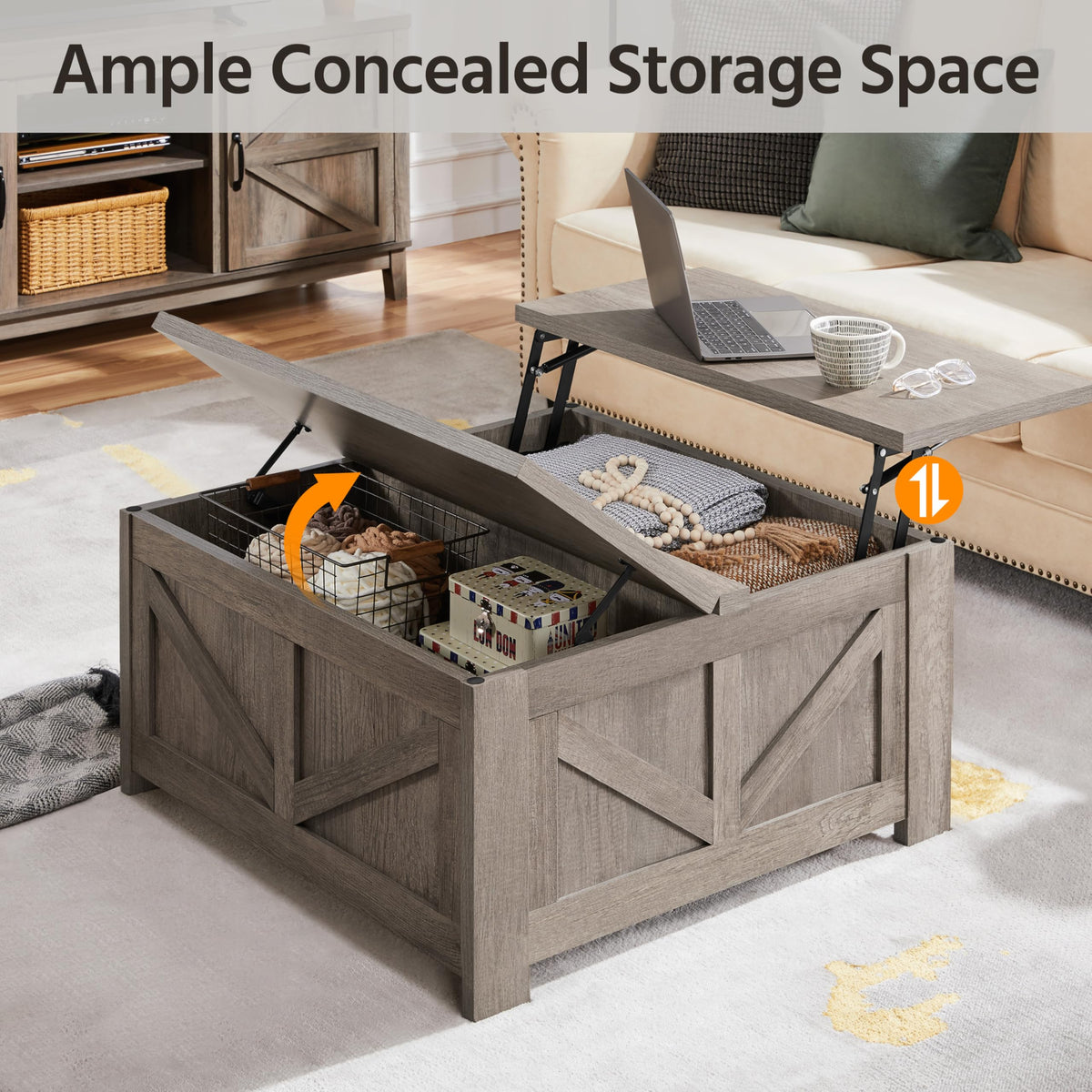 Yaheetech Lift Top Coffee Table, Square Farmhouse Coffee Table with Hidden Storage Compartment, Wood Center Table for Living Room, Home Office, Gray