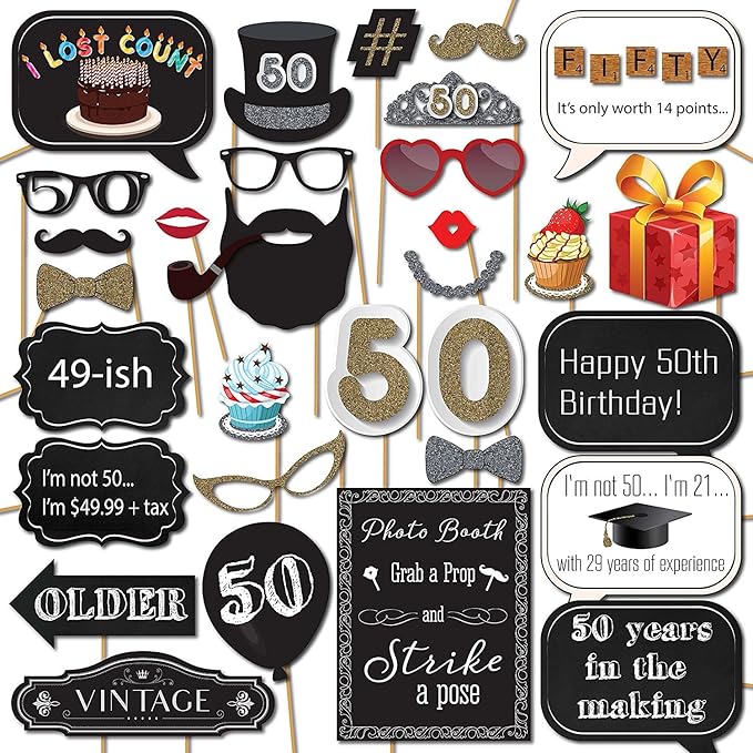 50th Birthday Photo Booth Props - 31-pc 50th Birthday Props with 8 x 10-Inch Sign, 45 Adhesive Pads, 35 Sticks - 50th Birt...