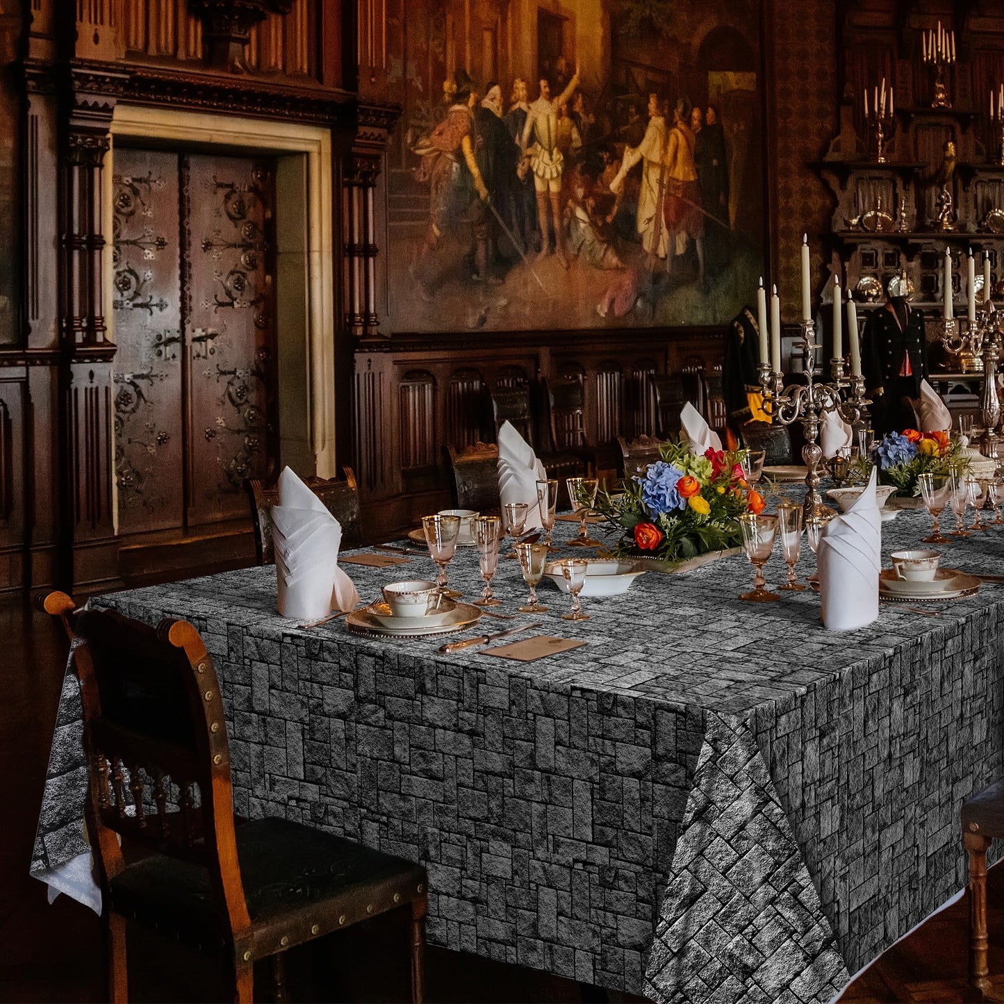 Kochorie 100 Ft x 54 Inch Stone Wall Tablecloth Roll with Cutter Box Disposable Plastic Table Cover Medieval Brick Dirt Floor Wall Backdrops for Farm Wedding Birthday Party