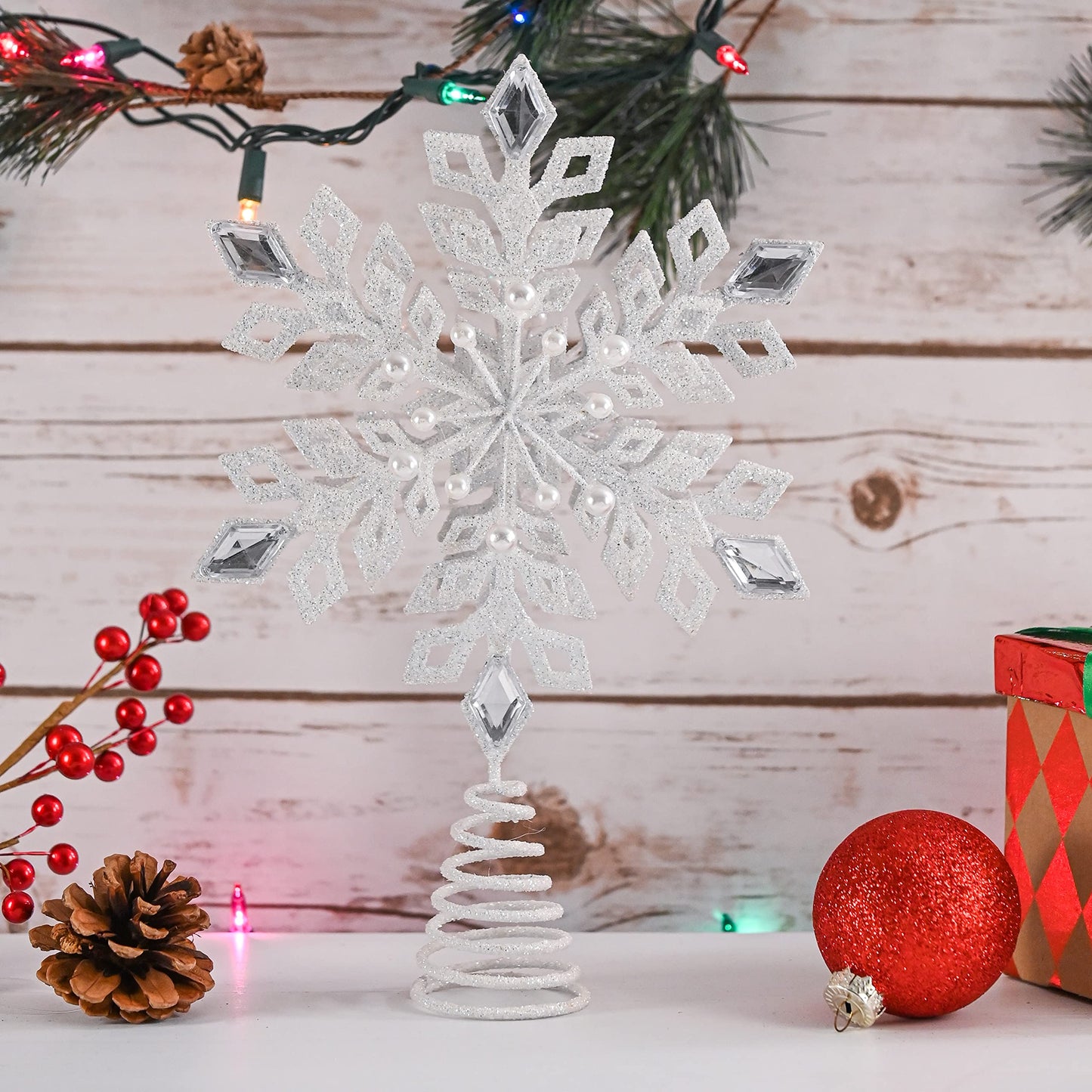 Ornativity Glitter Snowflake Tree Topper - White Sparkling Jewel Snow Flake Christmas Decor Tree Top Xmas Holiday Decoration with Gem Design 11.5"