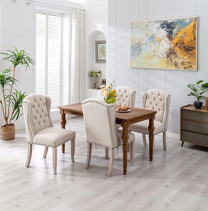 DUOMAY Modern Tufted Dining Chairs Set of 2, Linen Upholstered Dining Room Chairs Armless Guest Side Chair for Kitchen Dining Room, Wingback Accent Chairs with Solid Wood, Beige
