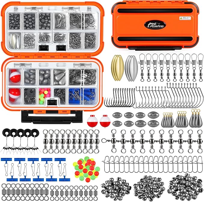 PLUSINNO 253/387pcs Fishing Gear Accessories Kit, Fishing Tackle Box with Tackle Included, Fishing Hooks, Fishing Weights ...