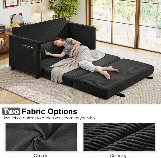 kakuboohi 65" Loveseat Sleeper Sofa Bed, Corduroy Convertible Sofa Bed for Small Spaces, Folding Couch Bed with Deep Seat, 2 Pillows & Solid Frame, Pull Out Floor Couches for Living Room, Black