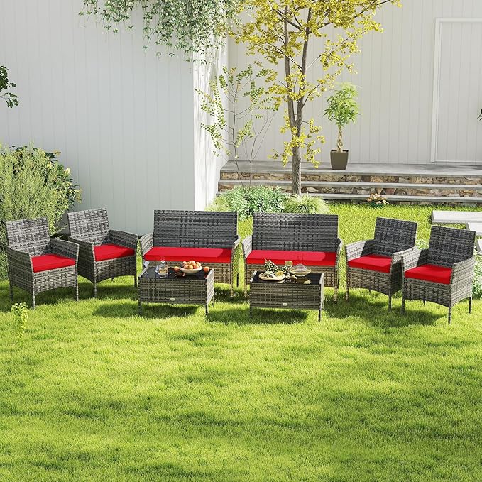 RELAX4LIFE 4-Piece Patio Furniture Set - Rattan Outdoor Conversation Bistro Set w/Cushions, Glass Coffee Table, Wicker Chairs & Loveseat for Garden Backyard Porch, Balcony Furniture (1, Mix Grey-Red)