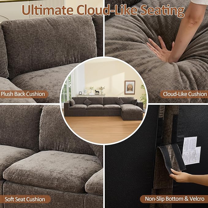 155''Cloud Boneless Sectional Couch, Modular Sectional Sofa Deep Seat with Ottoman, Oversized Upholstered Convertible Comfy 5 Seater Chenille Sofa L Shape Couches for Living Room, Brown