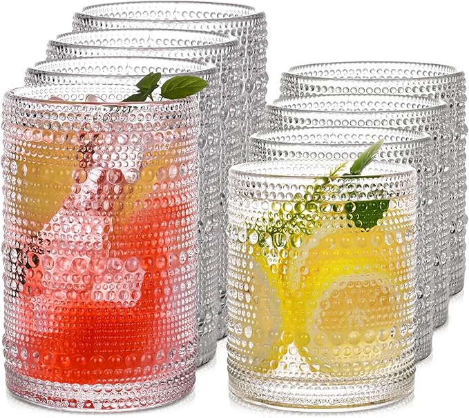 JPPSUJJ Vintage Hobnail Drinking Glasses Set of 8，15 oz Highball Glasses & 12 oz Cocktail Glasses，Drinkware Kitchen Glasse...