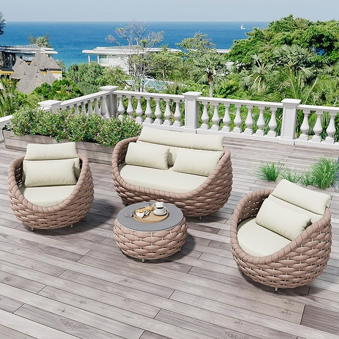 Erotr 4 Piece Aluminum Patio Furniture: Hand Woven Rope Sofa - Modern Outdoor Sofa Seating with Cushion - All Weather Patio Set for Deck, Yard, Garden, Poolside, Hotel - Terracotta