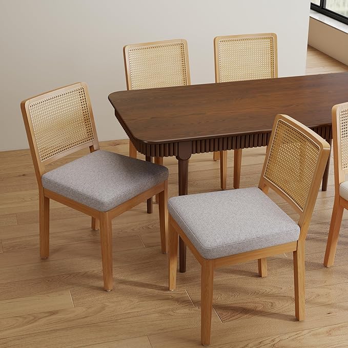 LukeAlon Set of 2 Dining Chairs Mid Century Modern with Woven Cane Back, Soft Chenille Upholstered Seat, Solid Wood Legs for Kitchen, Dining Room, Breakfast Nook, Farmhouse Style, Grey